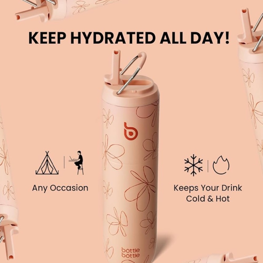 NWT BOTTLE BOTTLE Pink Insulated 24 oz Stainless Steel Water Bottle Straw Lid